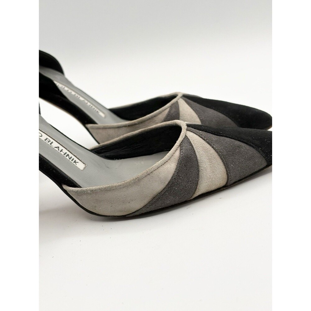 Manolo Blahnik Gray & Black Suede Stripes Slingback Pointed Toe Heels Size EU 35 - Picture 8 of 13
